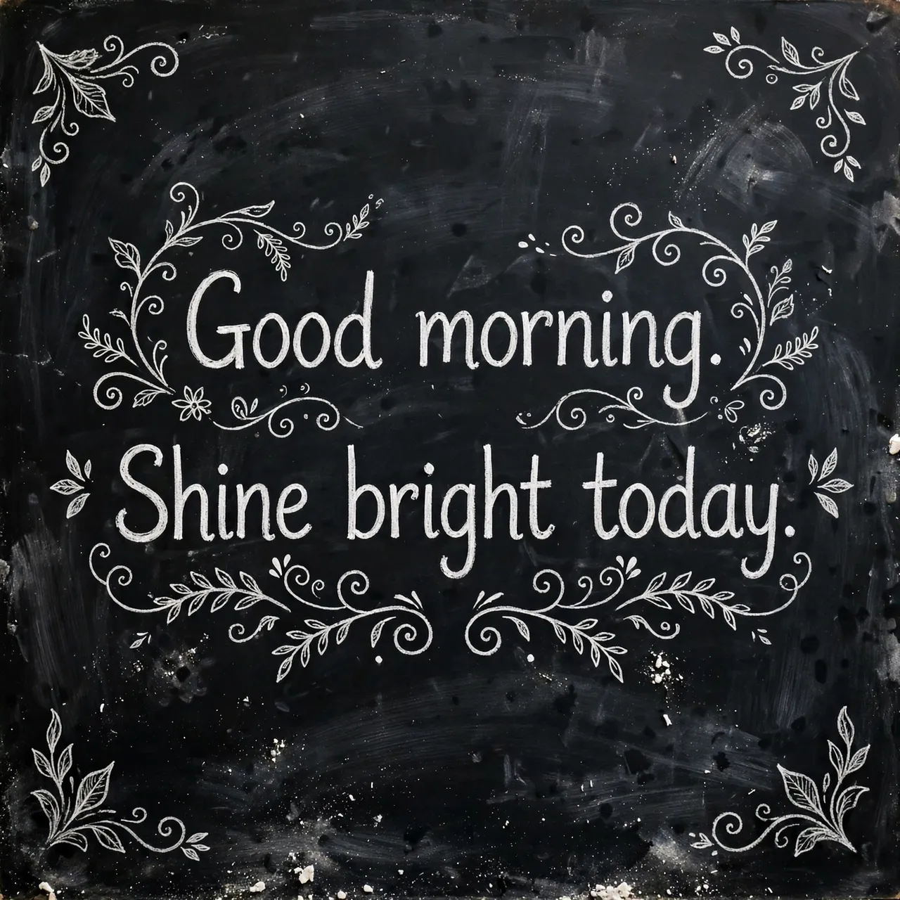 White chalk lettering reading "Good morning. Shine bright today." with decorative flourishes on a dark chalkboard