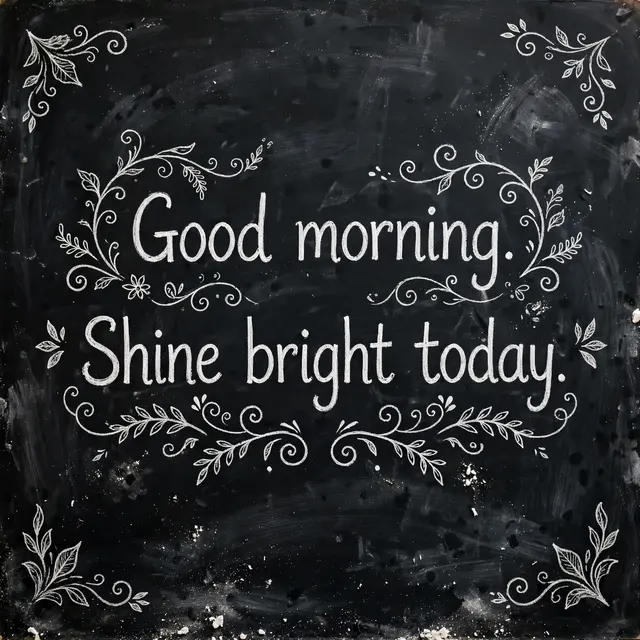 White chalk lettering reading "Good morning. Shine bright today." with decorative flourishes on a dark chalkboard