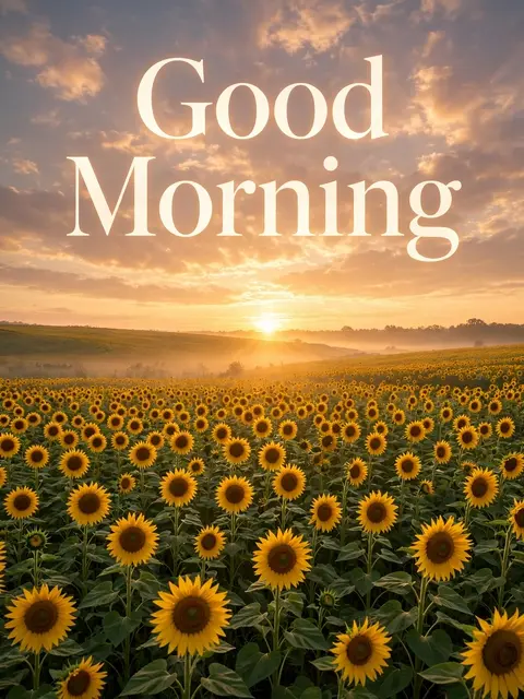 "Good Morning" serif text over a golden sunrise above a sprawling field of sunflowers
