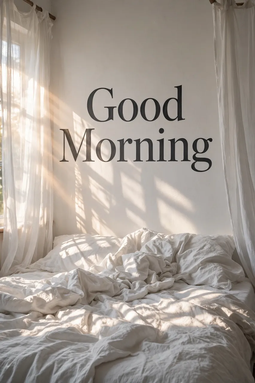 "Good Morning" charcoal serif text on a wall above rumpled white bed linen lit by sunlight through sheer curtains
