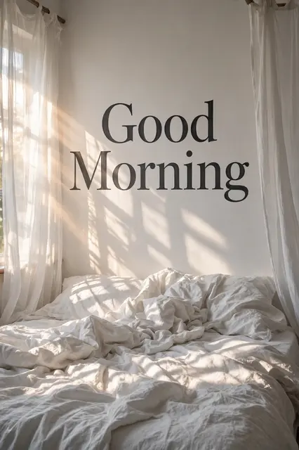"Good Morning" charcoal serif text on a wall above rumpled white bed linen lit by sunlight through sheer curtains