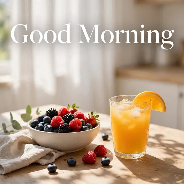 "Good Morning" serif text sits above a glass of orange juice and berry bowl on a sunlit kitchen table