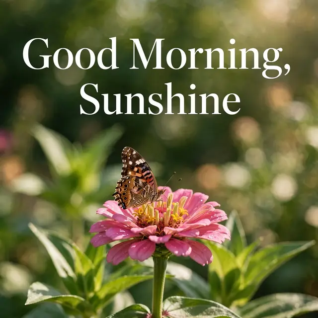 White serif text reading "Good Morning, Sunshine" sits above a butterfly resting on a pink zinnia in a sunny garden.