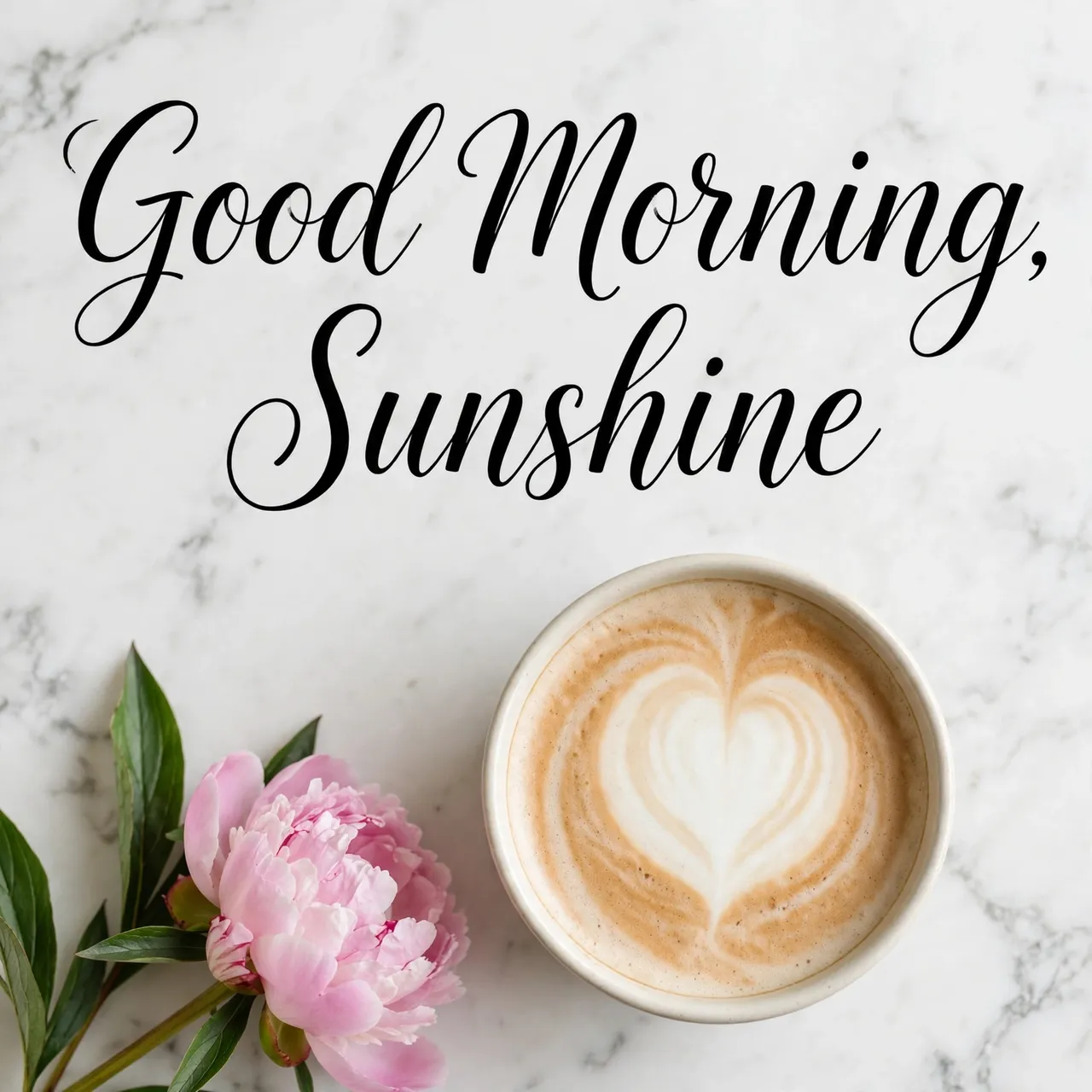 "Good Morning, Sunshine" black script lettering over a top-down view of a heart latte and pink peony on white marble