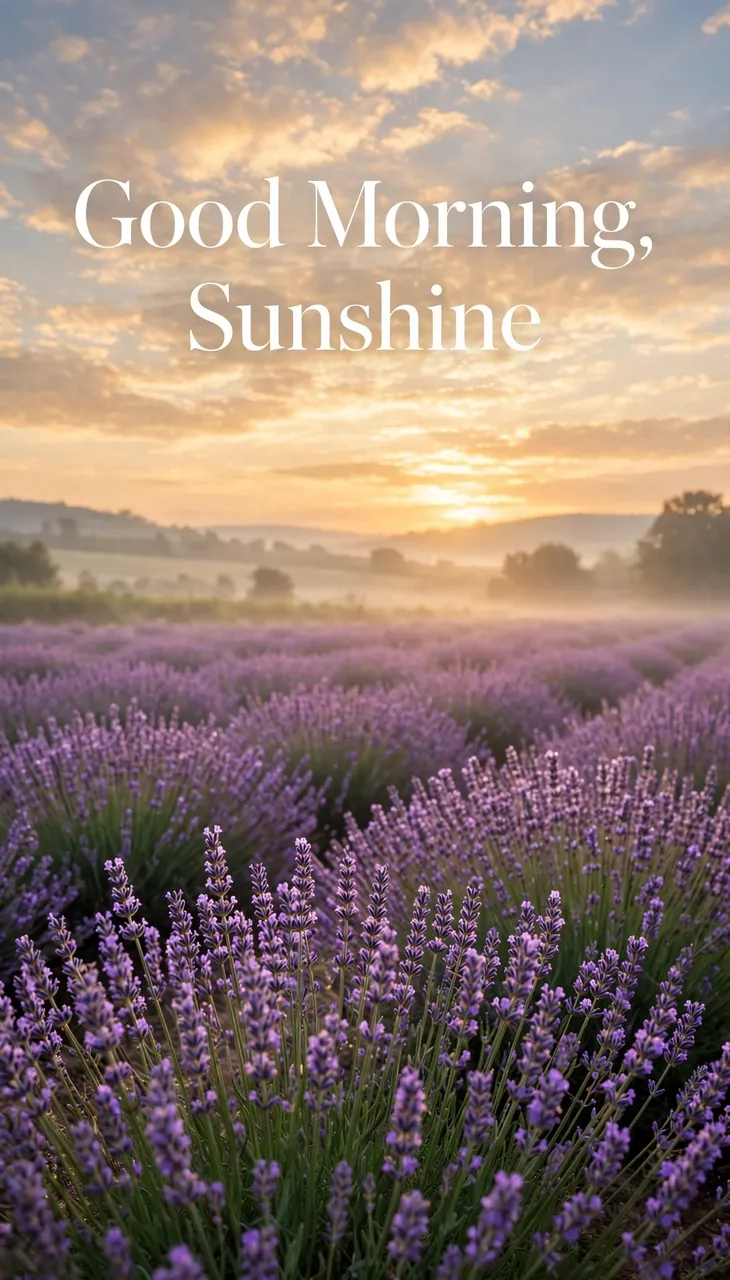 "Good Morning, Sunshine" elegant white serif text over a lavender field at golden sunrise