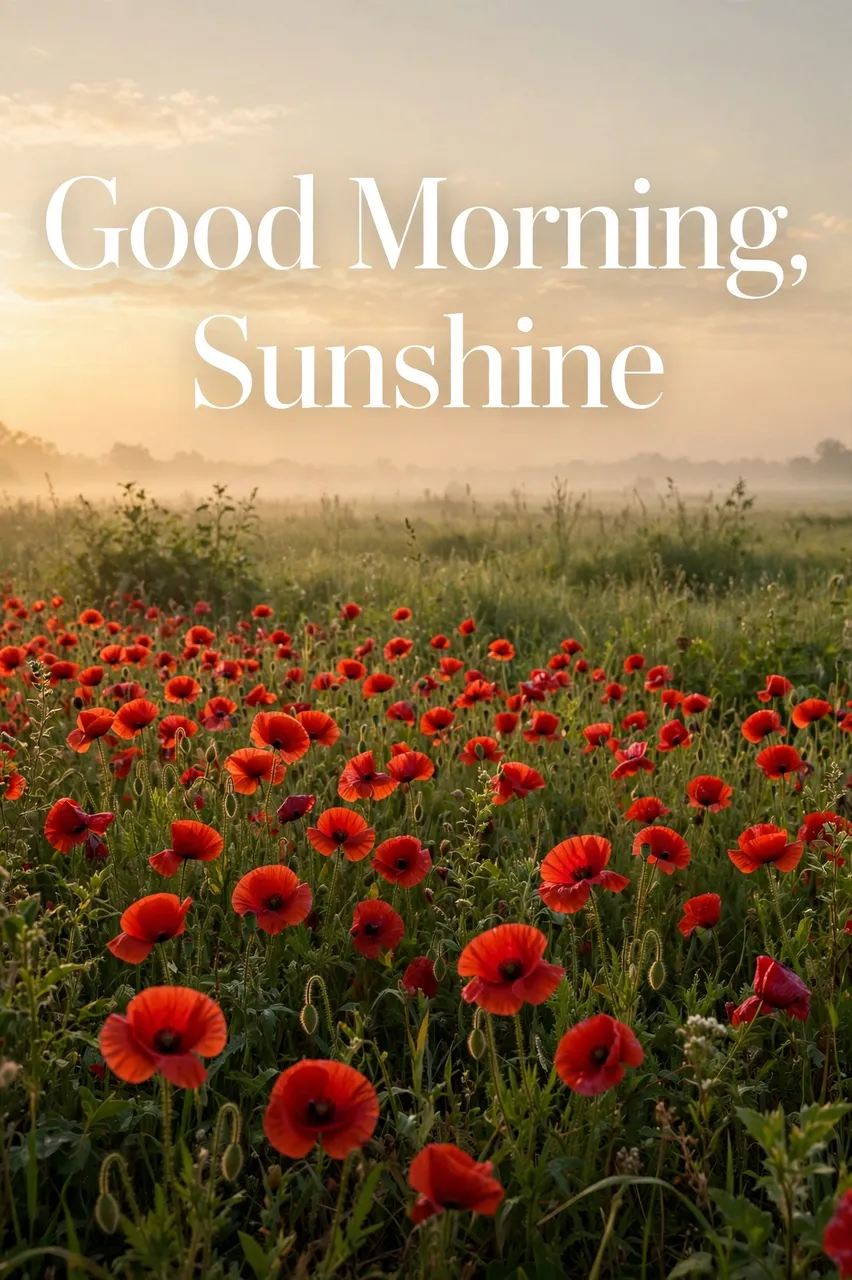 "Good Morning, Sunshine" text over a field of red poppies at hazy pale gold sunrise