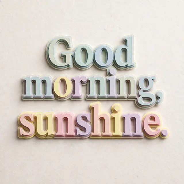 Layered pastel paper cut-out lettering spelling "Good morning, sunshine." casts soft shadows on a pale textured background