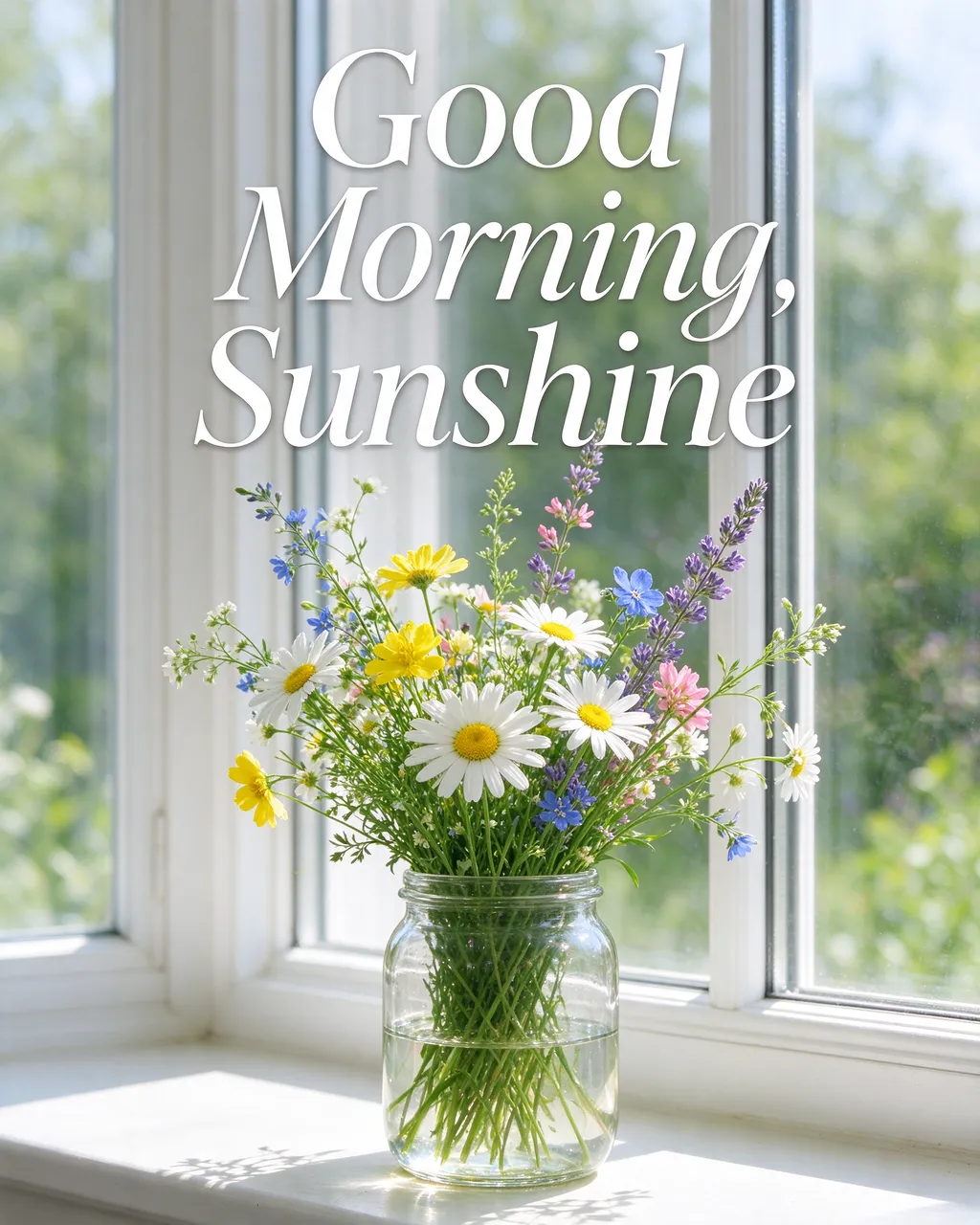 "Good Morning, Sunshine" text sits above a glass jar of wildflowers on a sunlit windowsill with green outdoor views.