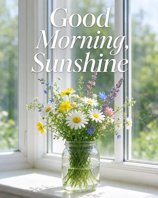 "Good Morning, Sunshine" text sits above a glass jar of wildflowers on a sunlit windowsill with green outdoor views.