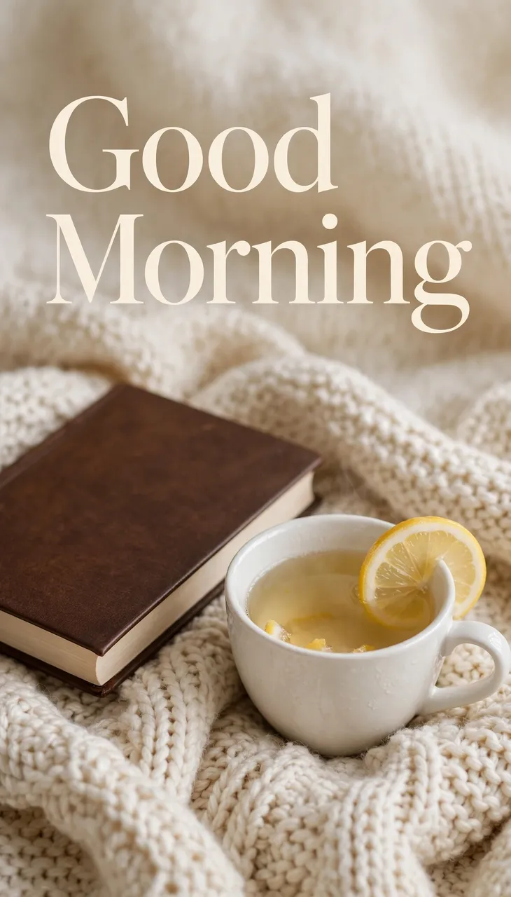 "Good Morning" text sits above a cup of lemon tea and closed book on a cream knitted blanket