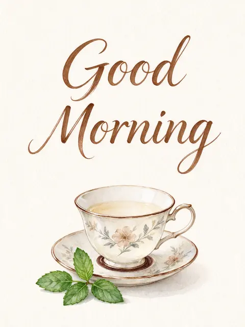 "Good Morning" in brown brush script lettering above a watercolor teacup, saucer and mint sprig on cream paper