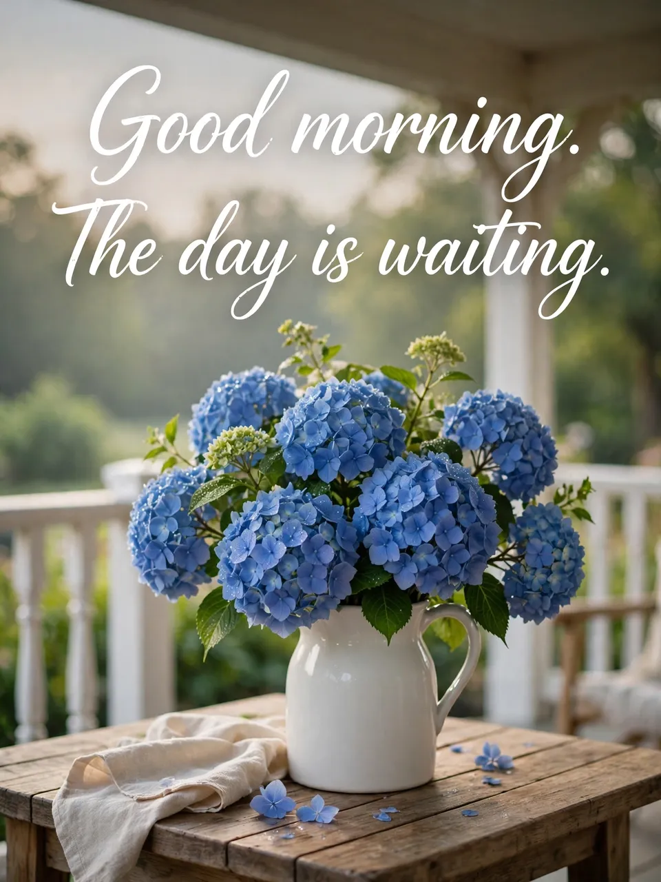 "Good morning. The day is waiting." in white script above a blue hydrangea bouquet in a white jug on a sunlit porch table