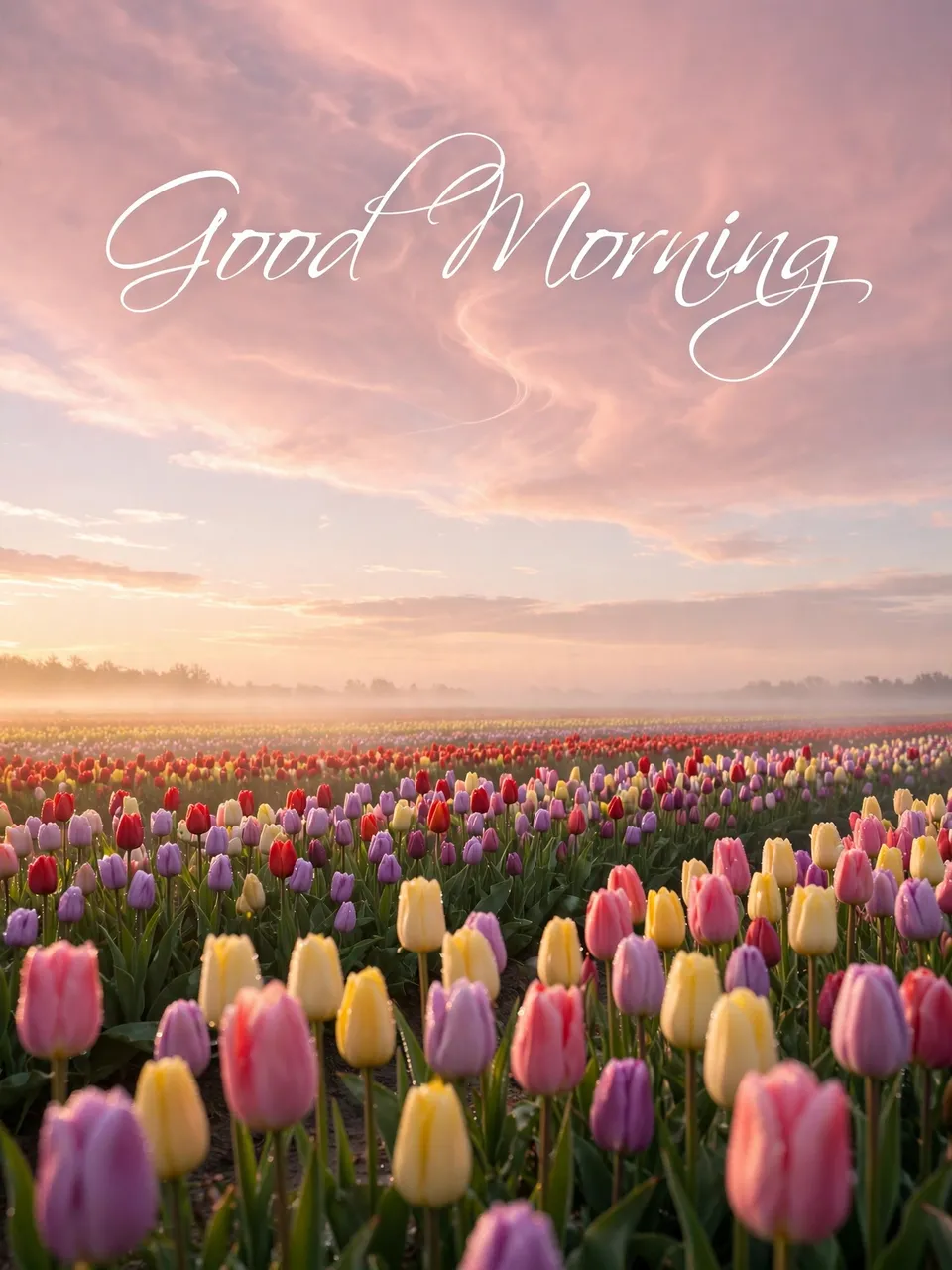 "Good Morning" elegant white script text over a colorful tulip field under a soft pink sunrise sky