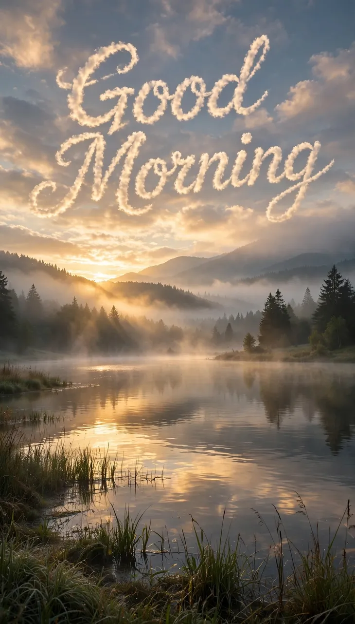 Misty sunrise over a calm lake with cloud-shaped script lettering reading "Good Morning" in the sky