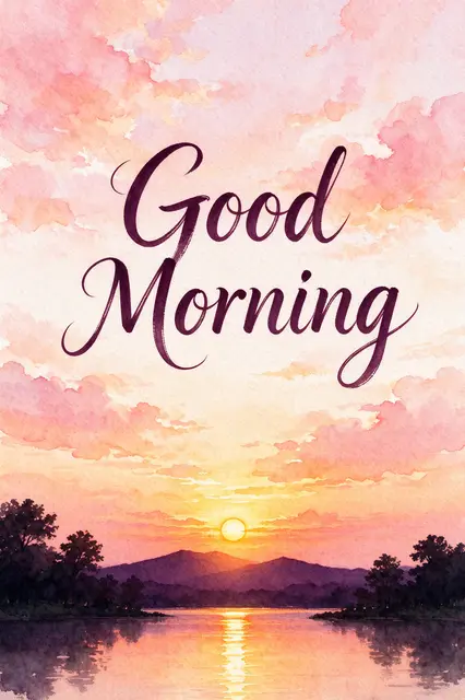 Watercolor sunrise landscape with the brush script text "Good Morning" centered in the pink peach sky