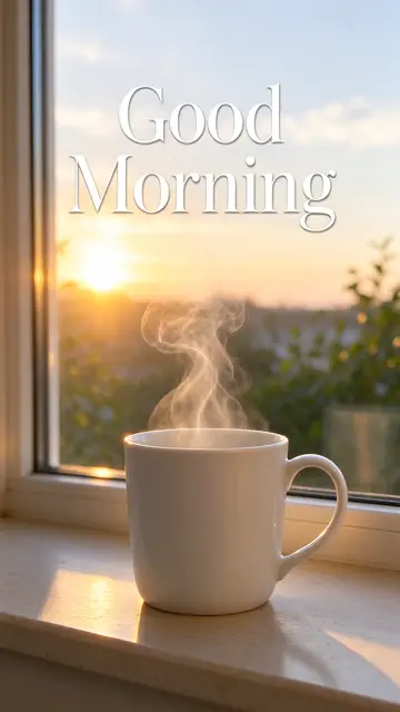 Steaming white mug on a sunny windowsill at sunrise with large text reading "Good Morning"