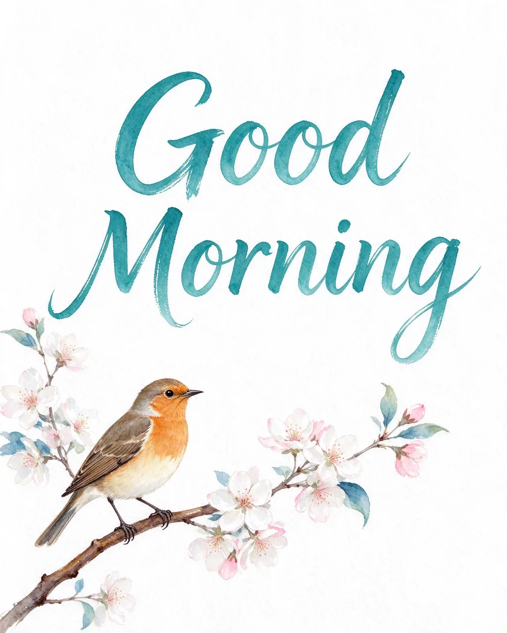 "Good Morning" teal brush lettering above a watercolor songbird perched on a blossoming spring branch