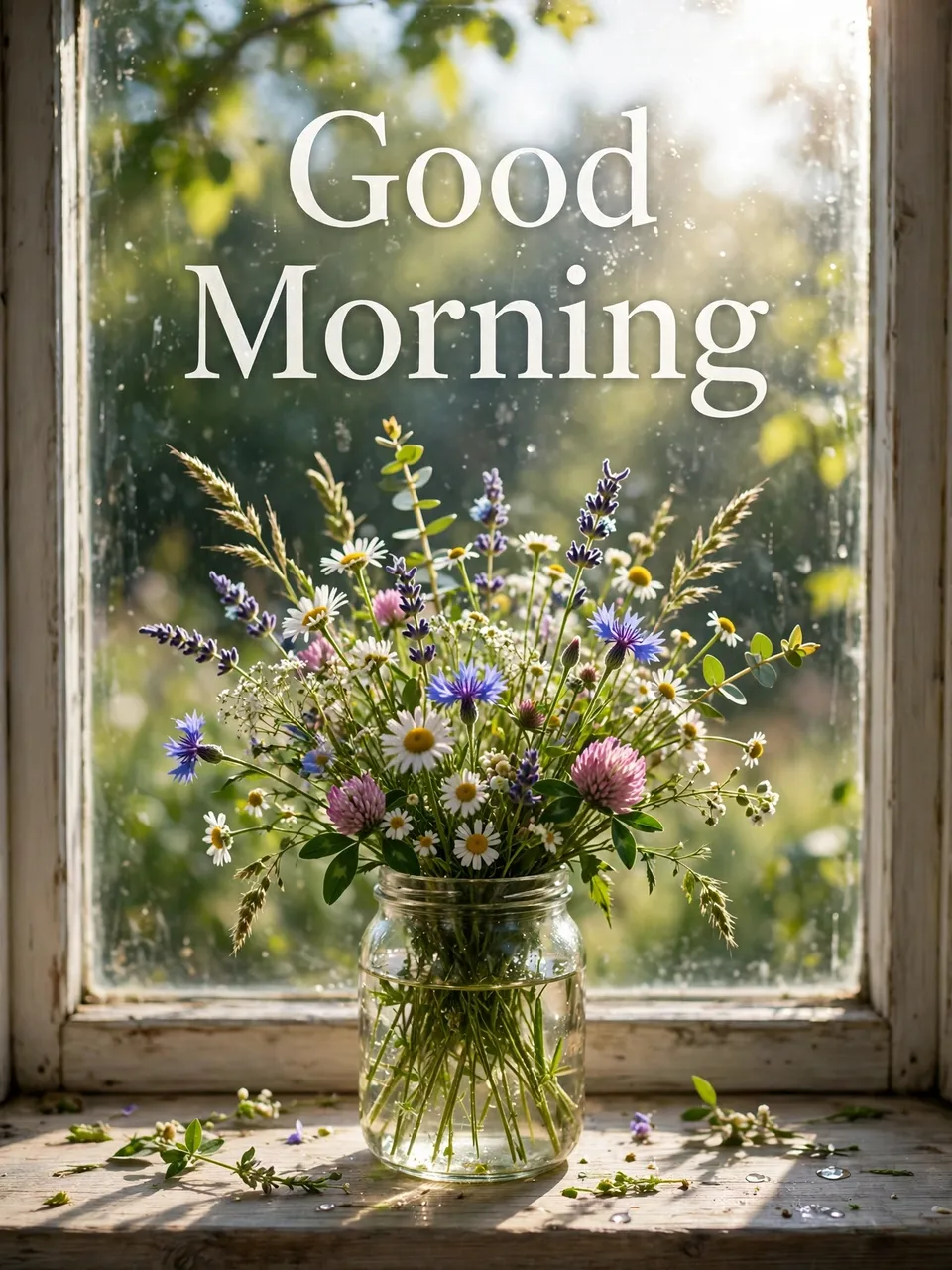 "Good Morning" serif text over a jar of fresh wildflowers on a sunlit wooden windowsill