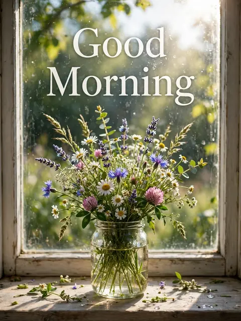 "Good Morning" serif text over a jar of fresh wildflowers on a sunlit wooden windowsill