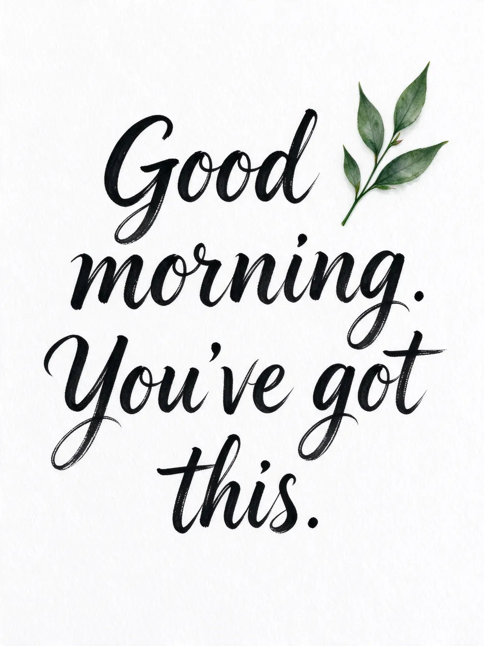 Black brush lettering reading "Good morning. You've got this." sits on white watercolor paper with a small green leaf sprig