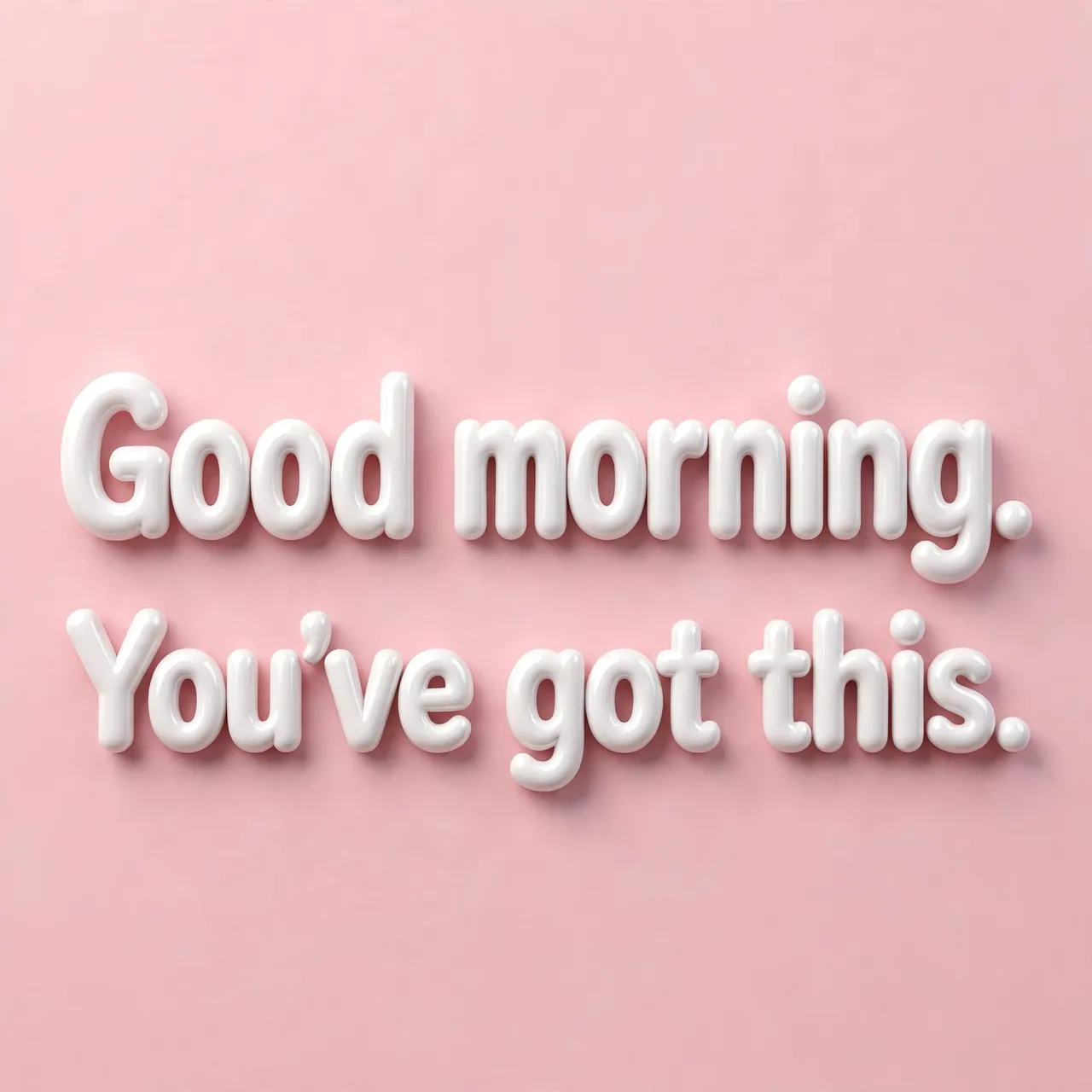 Glossy white 3D bubble lettering reading "Good morning. You've got this." on a soft pastel pink background