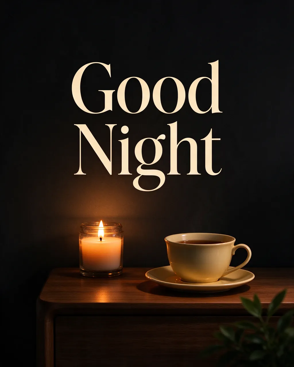 The text "Good Night" sits above a lit candle and teacup on a wooden nightstand in warm low light.