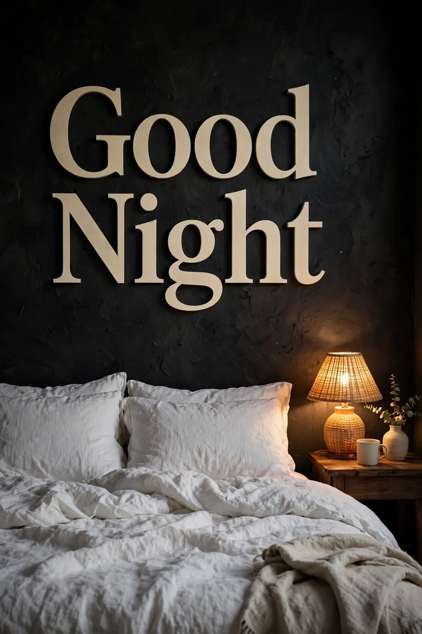 Three dimensional cream "Good Night" lettering sits above a cozy linen bed next to a glowing wicker bedside lamp in a dark