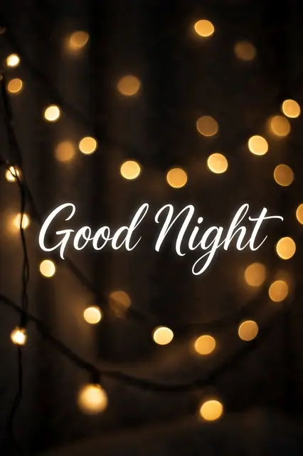 "Good Night" written in white script over soft glowing warm string light bokeh in a dark room