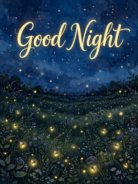 "Good Night" glowing script lettering over a dark meadow of fireflies under a starry deep blue night sky