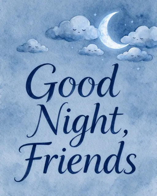 "Good Night, Friends" in navy brush script with sleepy clouds and a crescent moon on dusty blue watercolor paper