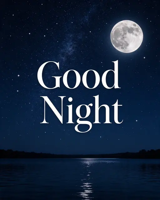 "Good Night" text over a calm night lake with a bright full moon and starry sky above the water