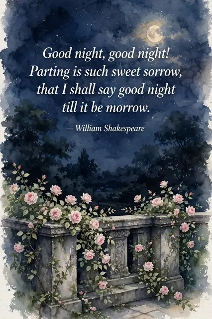 Watercolor of a moonlit rose-draped stone balcony with the Shakespeare quote "Good night, good night! Parting is such sweet