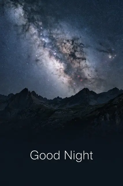 "Good Night" text in thin white sans-serif type below the Milky Way stretching over a dark silhouetted mountain ridge at