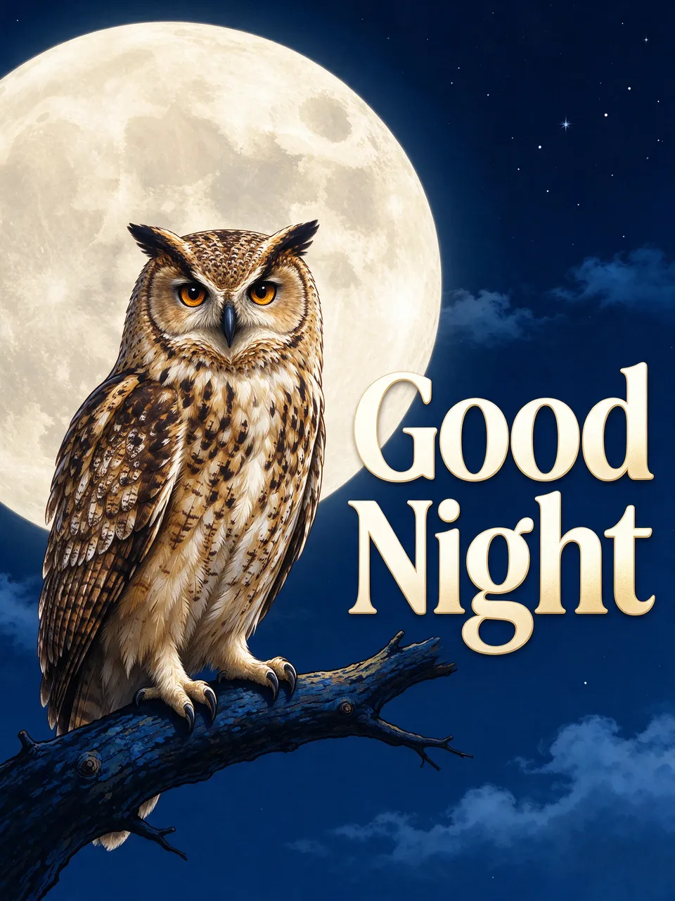 An eagle owl perched on a branch beneath a large full moon with cream "Good Night" text on a midnight blue night sky