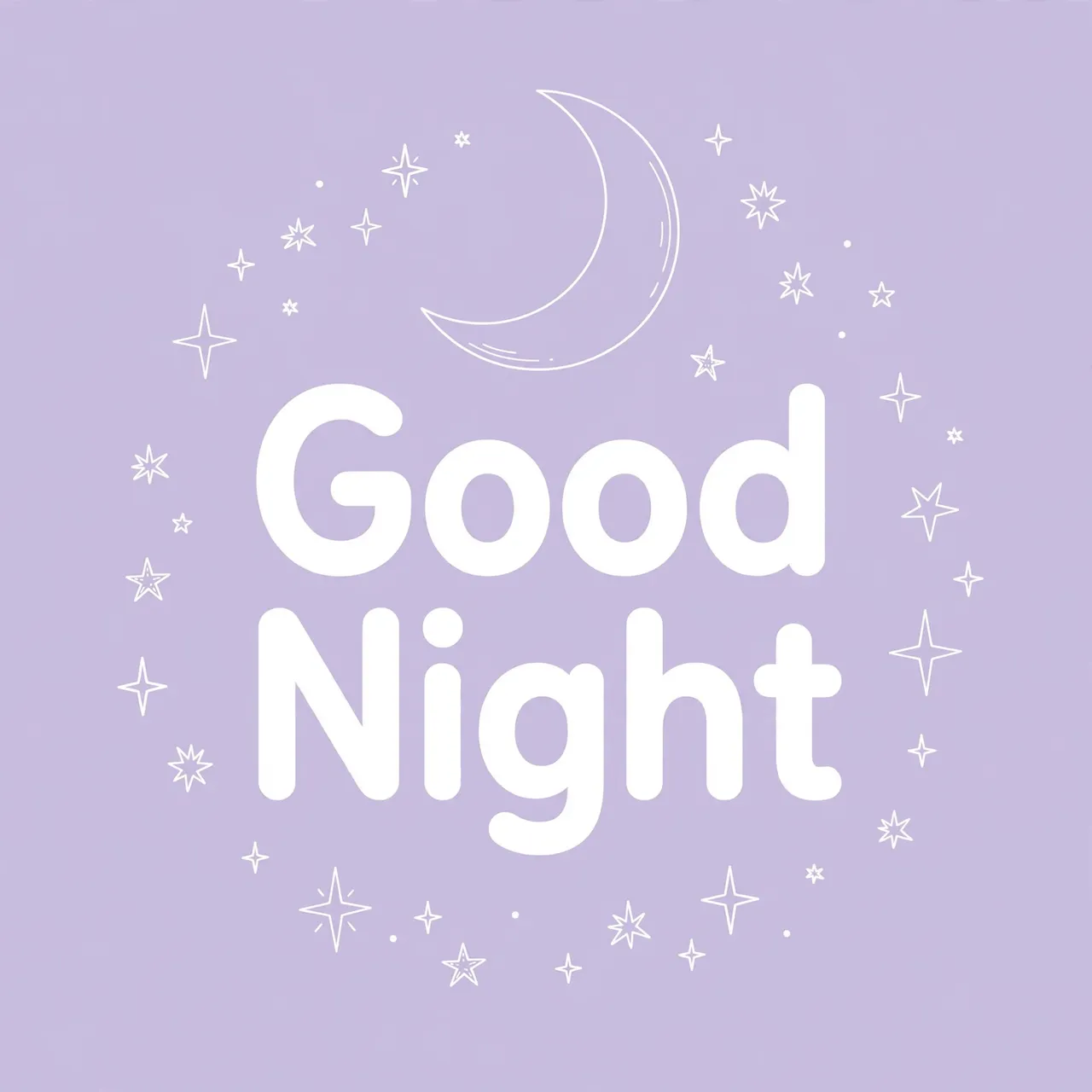 White rounded text reading "Good Night" sits below a line-drawn crescent moon and stars on a soft lavender background
