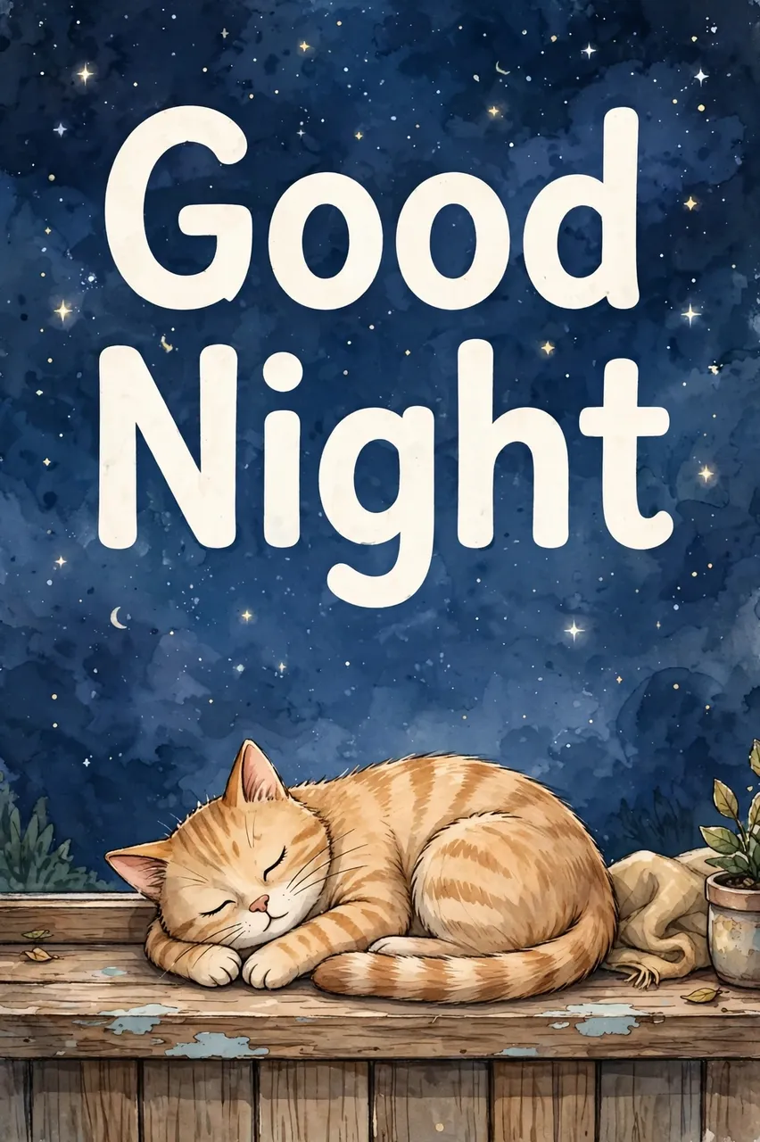 "Good Night" text above an orange tabby cat sleeping curled on a windowsill under a starry night sky