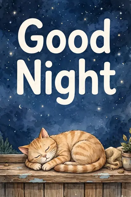 "Good Night" text above an orange tabby cat sleeping curled on a windowsill under a starry night sky