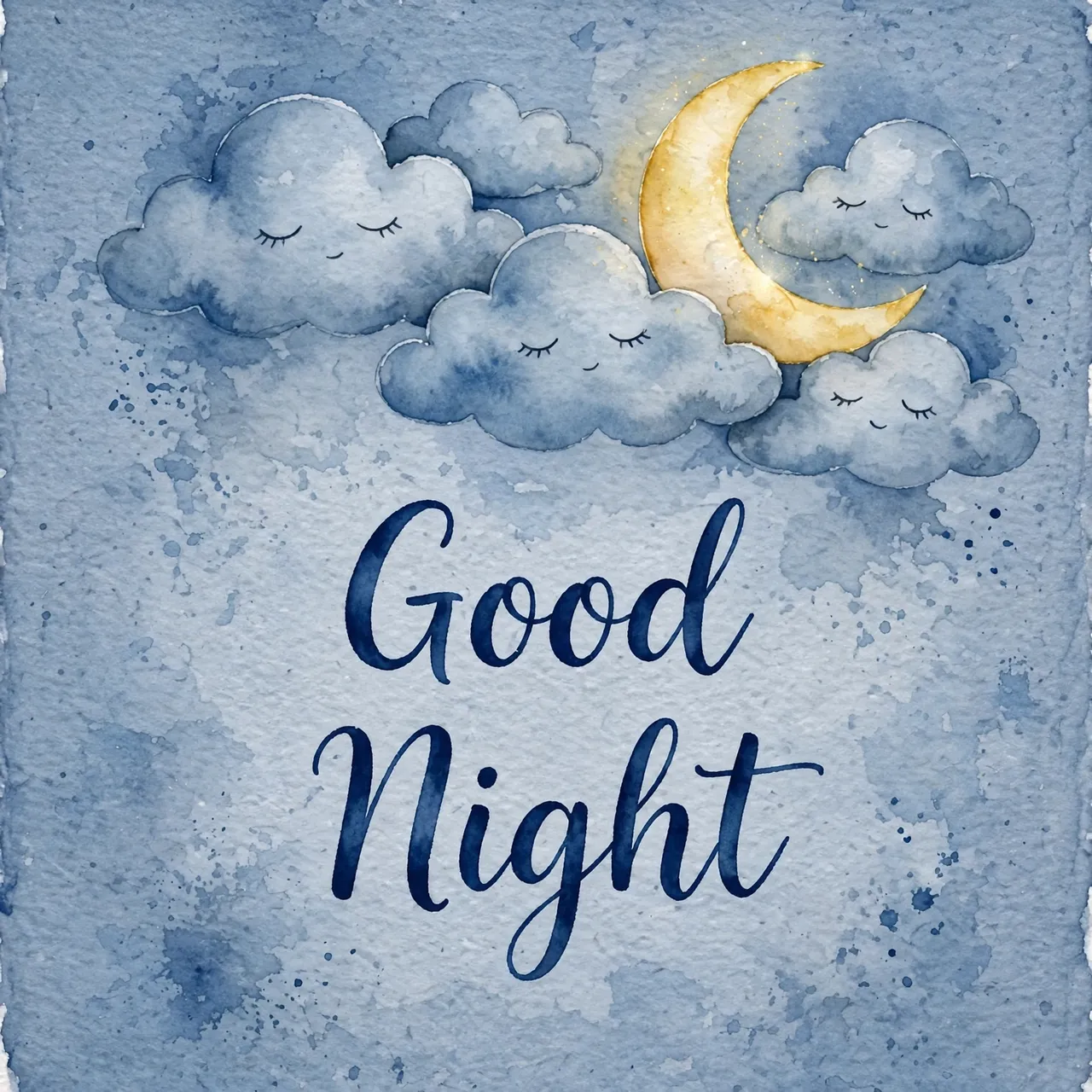 "Good Night" navy script lettering below sleepy illustrated clouds and a crescent moon on dusty blue watercolor paper