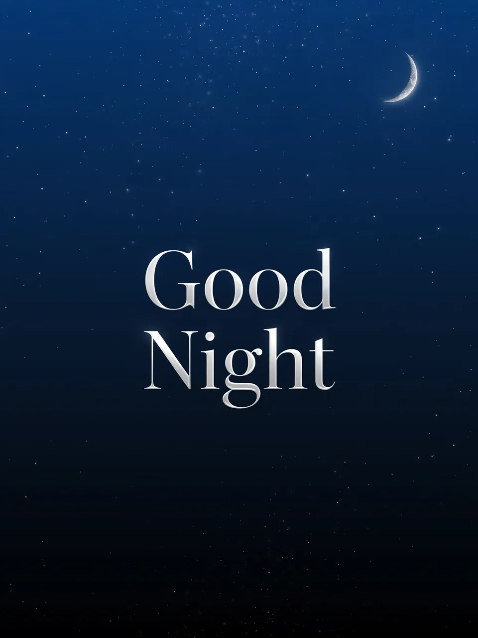 "Good Night" in elegant silver serif lettering centered over a starry deep blue night sky with a top-right crescent moon