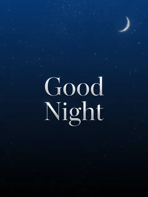 "Good Night" in elegant silver serif lettering centered over a starry deep blue night sky with a top-right crescent moon