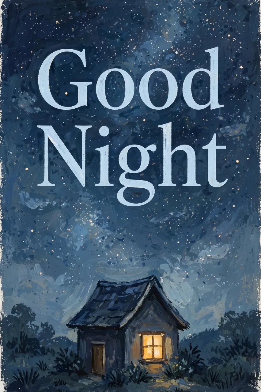 "Good Night" text displayed over a gouache illustration of a small house with a lit window under a starry night sky