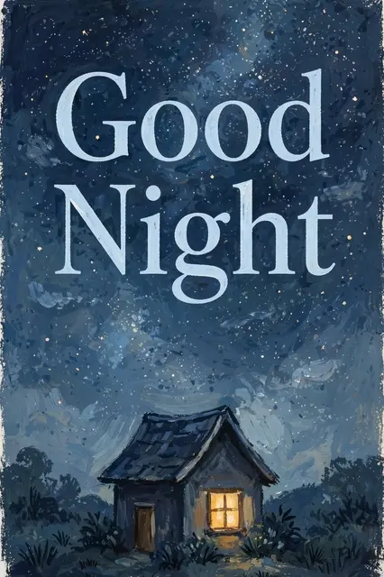 "Good Night" text displayed over a gouache illustration of a small house with a lit window under a starry night sky