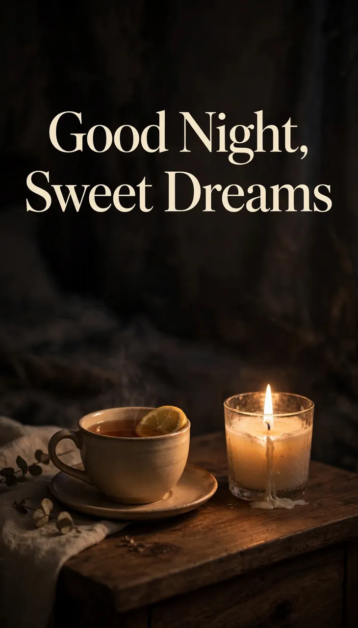 Warm low light shows a lit candle and lemon tea on a nightstand, with cream serif text reading "Good Night, Sweet Dreams"
