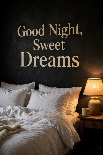 "Good Night, Sweet Dreams" cream serif text above a cozy unmade bed with glowing bedside lamp in a dark bedroom