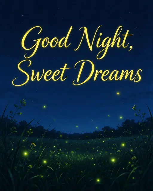 "Good Night, Sweet Dreams" glowing yellow lettering over a dark starry meadow dotted with glowing fireflies under a deep