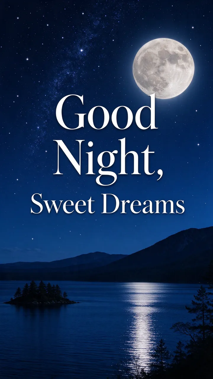 "Good Night, Sweet Dreams" serif text overlays a starry night sky with full moon over a calm mountain lake.