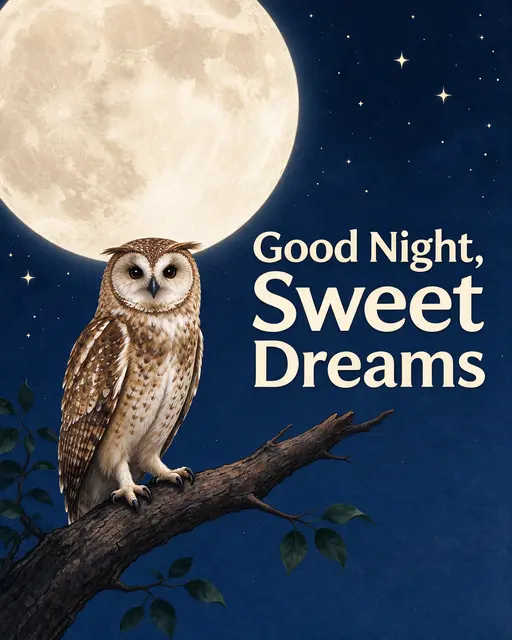 "Good Night, Sweet Dreams" text beside an owl perched on a branch under a large full moon in a starry midnight sky