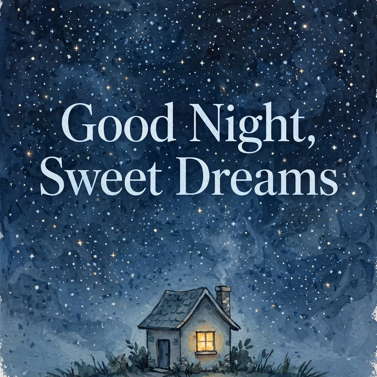 "Good Night, Sweet Dreams" serif text over a small lit cottage under a starry night sky in gouache style