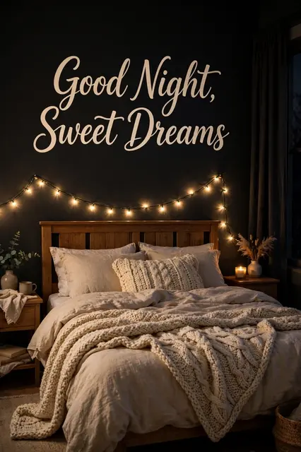 Cozy night bedroom with fairy lights, knit blanket, and cream script wall text reading "Good Night, Sweet Dreams"