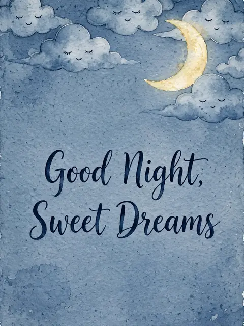 "Good Night, Sweet Dreams" navy script lettering on dusty blue watercolor paper with sleepy clouds and a crescent moon